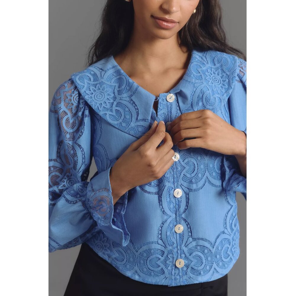 Anthropologie Maeve Long-Sleeve Collared Flower-Button Lace Blouse NWT